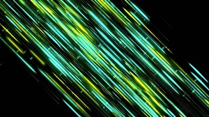 Beautiful flow of shining short diagonal lines on black background, seamless loop. Animation. Cosmic stream with glowing blue and yellow straight segments.