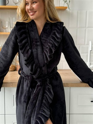 Long Black Fleece Robe With Ruffles, Cozy Plush Winter Robe for Women, Elegant Warm Dressing Gown for Girls or Bridesmaids Gift - Etsy
