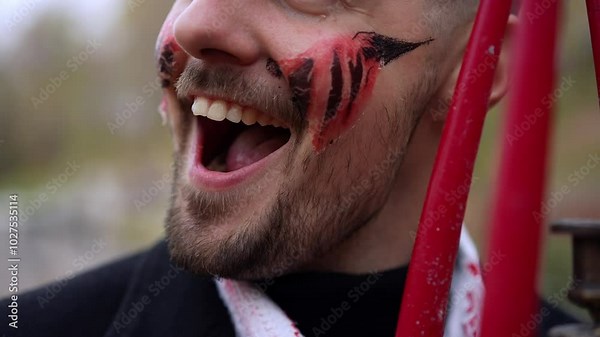 A joyful participant proudly showcases her vibrant and colorful face paint during an exciting festival celebration