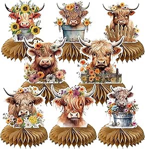 Rngmsi Highland Cow Party Decorations, Highland Cow Birthday Party Table Decorations, Chic Flower Honeycomb Centerpiece Farm Baby Shower Decor Supplies