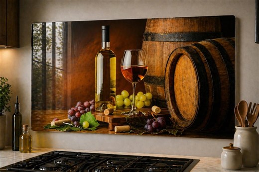Wine Barrel Glass Wall Art, Vineyard Kitchen Decor, Wine Bottle Backsplash Panel