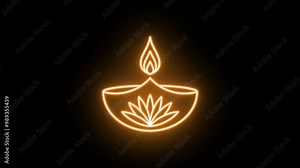 Neon Diya fire icon animation, flickering emergence and fading. Glowing neon Diya lamp, looped animation. Happy Diwali, Deepavali oil candle, Diya oil lamp with lotus flower. Yellow, green, orange