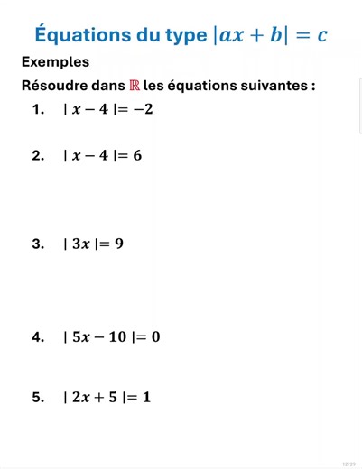 Exercices corrigés : équations avec valeur absolue |x| 📘 #maths #equation #valeurabsolue #algebre #mathfacile