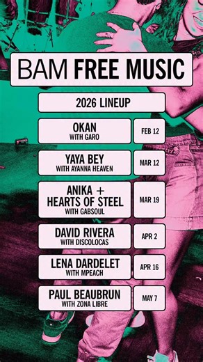 Music is in our name, and it’s at the heart of what we do. 🎶 We’re excited to announce the new season of BAM Free Music, our free concert series that packed the house in its debut year and is back with a bold new focus. Programmed by curator Lia Camille Crockett, season two spotlights Caribbean artists and sounds, reflecting Brooklyn’s many distinct yet deeply connected Caribbean cultures. After an instant-hit first season featuring artists like Bilal and Pedrito Martínez alongside rising voice