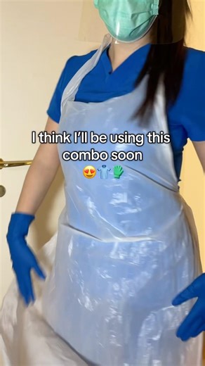 Face shield, apron, scrub and latex gloves combo! #medicalexam #latexgloves #glovesasmr