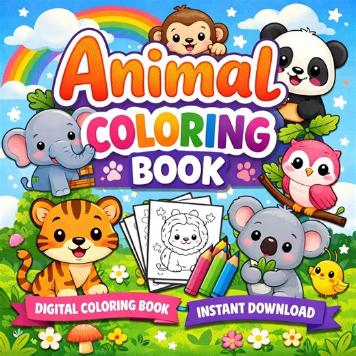 Animal Coloring Book for Kids | Printable PDF | 24 Pages | Digital Download - Etsy