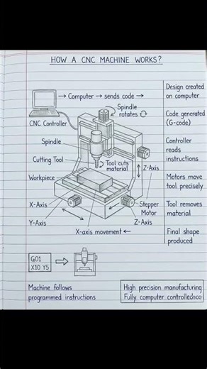 ⚙ CNC Machine Working ExplainedCNC machines follow programmed instructions (G-code).✔