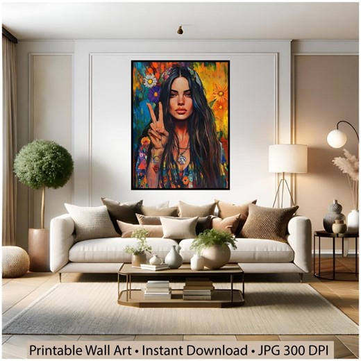 Colorful Peace Sign Woman Portrait Wall Art Bundle, Boho Pop Art Female Digital Print Set - Etsy