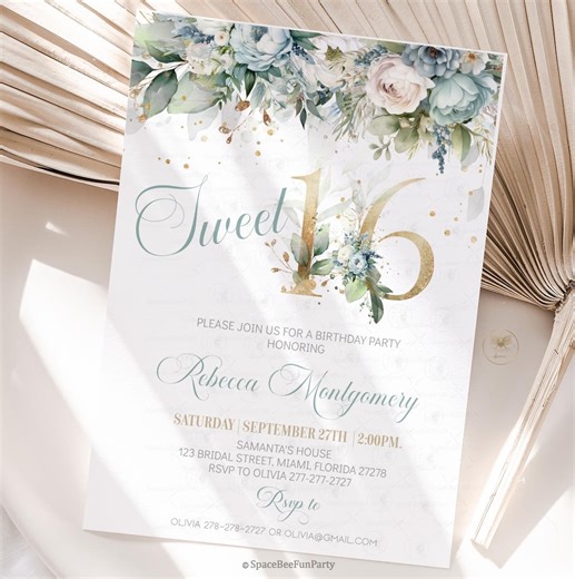 Sweet Sixteen Invitation Sweet 16 Invite Blue Green Floral Elegant 16th Birthday Editable Printable Template Digital Download SX1 - Etsy