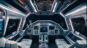 futuristic spaceship cockpit with control panel and high-tech display in outer space masterpiece Generative AI. Virtual video scene animated background