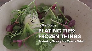 Ice cream? As an appetizer? You really can have it all! This refreshing dish is gorgeous and delicious. See how to form the perfect rocher—an egg-shaped scoop—and prepare the dish before it melts. Learn more pro plating techniques here: chfstps.co/2oHvGhs. | ChefSteps