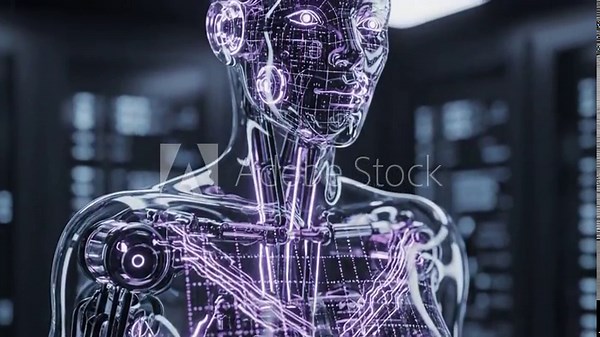 Transparent Female Robot Torso with Purple Neon Internal Mechanics and Circuits android cyborg.