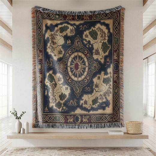 Vintage World Map Woven Blanket, Compass Rose Throw Blanket, Nautical Explorer Decor, Old World Coastal Couch Blanket - Etsy