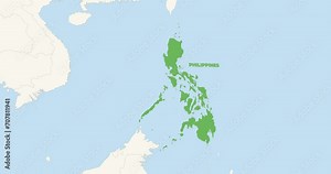 World Map Zoom In To Philippines. Animation in 4K Video. Green Philippines Territory On Blue and White World Map