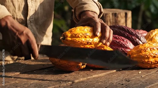 Cocoa pods are picked and cut open as part of the cocoa processing steps on a sunny day outdoors