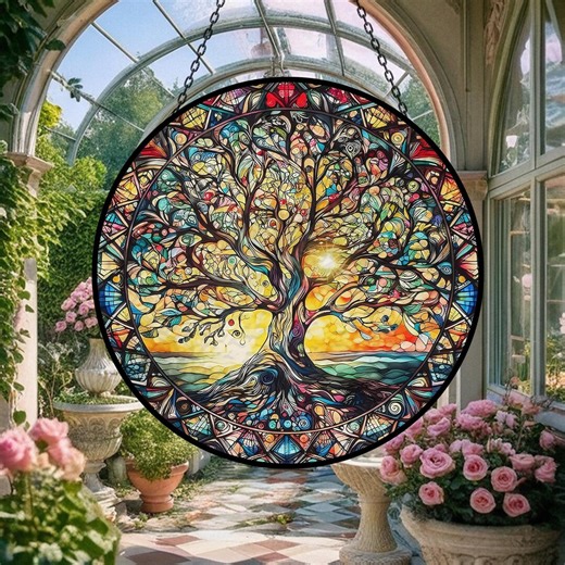 Tree of Life Stained Glass Suncatcher, Colorful Tree Motif Window Garden/home Decoration, Sacred Geometry Keepsake, Cosmic Tree Suncatcher - Etsy