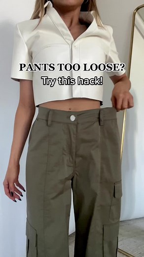 No belt, no problem! Use this quick and easy hack to tighten any pair of pants last minute ✨ Can also be used to turn low rise pants into high rise! #fashionhack #stylehack #pantshack #jeanshack #fashioninspo #styleinspo #outfitideas #loosepantsfix Wearing the Thalia cargo pants and Laney top from American threads 🖤