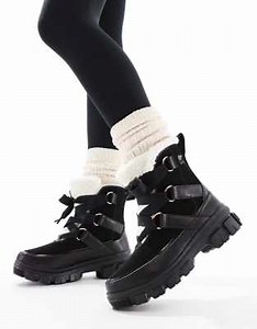 Sorel Torino V Resort waterproof fleece lined faux fur leather snow boots in black and chalk | ASOS