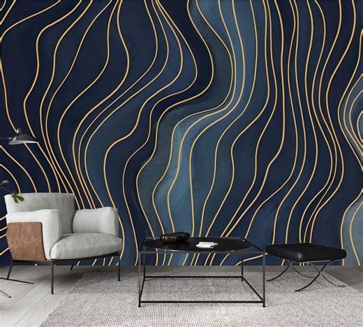 Blue Wavy Lines Abstract Wall Mural, Peel and Stick and Non-woven Wallpaper - Etsy