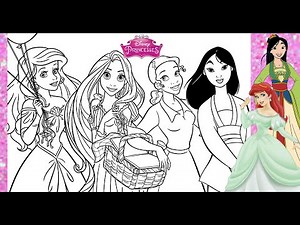 PRINCESSES Coloring Page DISNEY Compilation COLOR ARIEL RAPUNZEL TIANA MULAN All Together Princesses