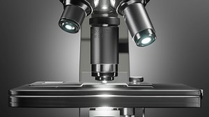 Automated microscope in scientific laboratory close-up shot. Scientific investigation is underway. Seamless loop animation can be used in education, science or medicine industry. 3D Render.
