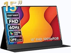 AYY Portable Monitor 15 Inch 1080P FHD 100% sRGB, USB-C HDMI External Display, HDR IPS Ultra-Slim Second Screen for Laptop PC Mac Phone PS5/4 Xbox Switch, Bulit-in Speakers, with Smart Cover