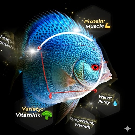 Here are the 5 key characteristics to maximize their roundness: ​1. Feeding Frequency (The Accelerated Metabolism) Young Discus have a short digestive tract and a sky-high metabolism. For them to grow "outward" and not just "longward," they need to eat 5 to 8 times a day in small quantities. ​The Secret: If a Discus goes hungry, its body prioritizes the growth of internal organs and eyes. This results in a fish with disproportionately large eyes and a skinny body. ​2. High Protein Content (The B