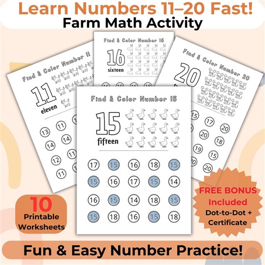 Farm Animals Find and Color Numbers 11-20 Worksheets/ Preschool Math Activity/ Kindergarten Counting Practice/ No Prep Printable - Etsy