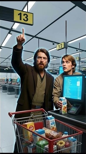 Two shoppers with 47 items start checking out in the "10 items or less" lane.