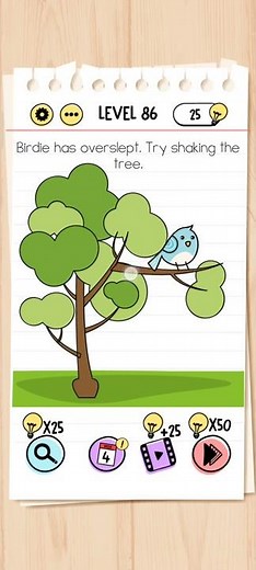 Brain Test Level 86 Answer | Birdie has overslept, Try shaking the tree,
