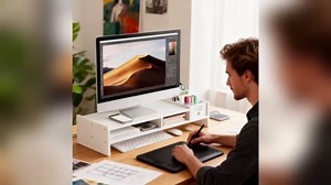 Wooden Double-Layer Monitor Stand, Monitor Stand with Small Storage Compartment for Pens, Desk Organizer for Computer, Printer & Keyboard