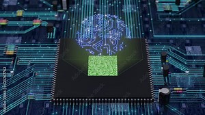Close up of a microprocessor that shows its core that projects a virtual electronic brain, installed over a circuit board with some electronic components and electricity activity