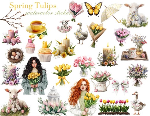 Spring Tulips Watercolor Stickers PNG, Floral Planner Stickers, Cottagecore Spring Clipart - Etsy