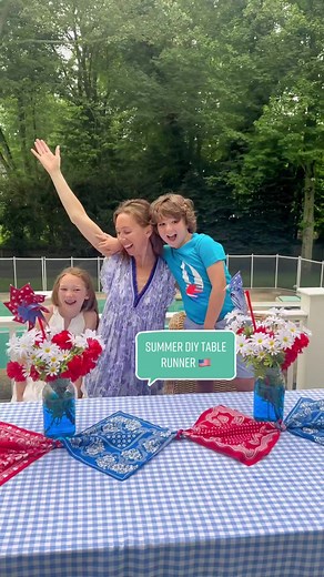 RED, WHITE & BLUE Summer Table Runner DIY ❤️💙 All you need are some bandanas to elevate all your backyard parties this year!! #summer #summerhacks #diy #4thofjuly #decorhacks #momsoftiktok