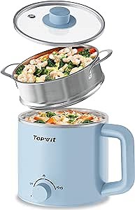 Topwit 1.6L Electric Pot, Stainless Steel Ramen Cooker with Steamer | Dual Power Setting, Cooking for Hot Pot, Pasta, Oatmeal, Soup & Egg, Overheat & Boil-Dry Protection, for Dorm & Office