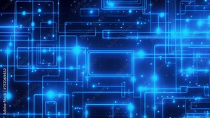 Blue abstract background filled with an array of squares and dots moving and shifting dynamically.