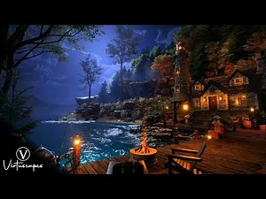 Lighthouse Keeper's Cottage | Night Ambience | Firepit, Ocean Waves, Rain & Thunder Nature Sounds