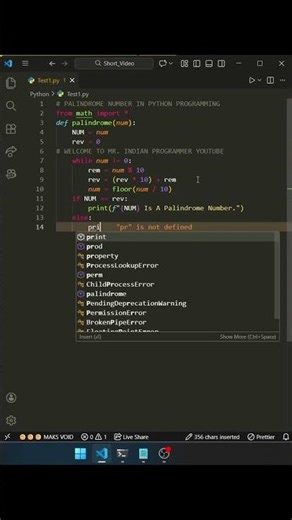 palindrome number in python | day - 114 #shorts #short #viral #viralvideo #youtubeshorts #python