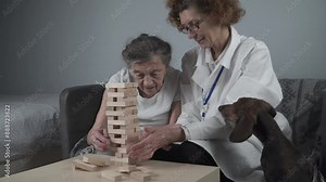 Animal therapy, care elderly residents suffering from dementia and Alzheimer disease. Senior woman and doctor doing exercises of motor skills and brain practice use wooden block in retirement center.