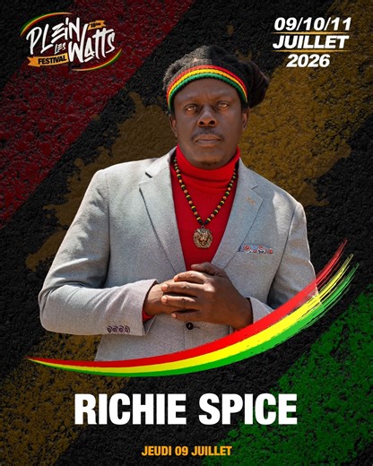 Plein-les-Watts Festival on Instagram: "@1richiespice Premier artiste à rejoindre la programmation du Plein-les-Watts Festival 2026 ! Retrouvez-le sur scène – jeudi 9 juillet 🤩 www.pleinleswatts.ch #plw #reggae #reggaefestival #lancy #richiespice"