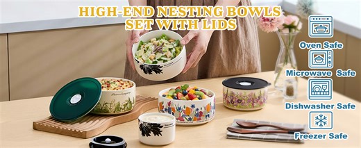 Food Storage Containers with Lids, 4"/ 5"/ 6" Nesting Bowls Set, Serving Bowls with Lids Set, Pasta Ceramic Bowls Set Decorative Bowl for Soup, Stew, Cereal, Microwave and Oven Safe (Rose)