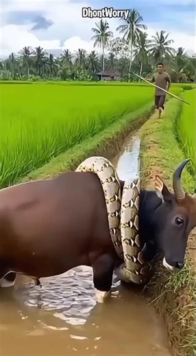Heart-Stopping Moments! Cow Trapped by Giant Python in Irrigation Canal Rescued Successfully.