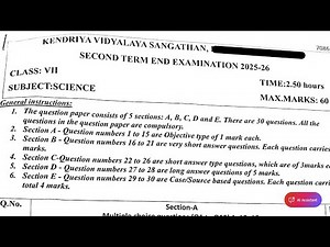 Class-7 Science (Real Paper) Annual Exam 2026 Question Paper Session Ending PM SHRI KV Term2