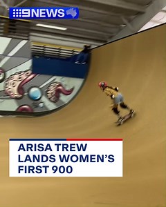 "Glass ceilings are so 2023." 🛹 🙌 Gold Coast skateboarder Arisa Trew has become the first female to land a 900-degree spin in a half pipe. The 14-year-old posted the video online, saying the historic feat was a "dream come true", with skateboarding royalty Tony Hawk also congratulating Trew by reposting the video to his fans. #9News | 9 News