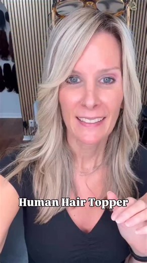 Tina Apostal Hair Topper Stylist on Instagram: "This medium human hair topper in the shade Miss Faith was customized with extra lowlights and a toner to bring her color down and create a soft, natural blend. Our Studio T human hair toppers feature four pressure clips, which is exactly what keeps the topper from sliding or shifting during the day. Having four secure pressure clips allows for a confident, comfortable hold—even for someone with baby-fine hair. Her natural hair is fragile, breaks ea
