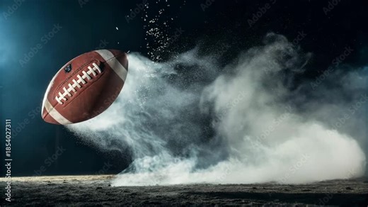 American Football in Mid-Air Explosion with Dramatic Lighting Effects and Dust Particles