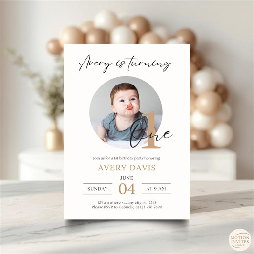 First Birthday Invitation Customized Minimal Photo Boys Girls Kids Digital Invite Template Editable Printable - Etsy