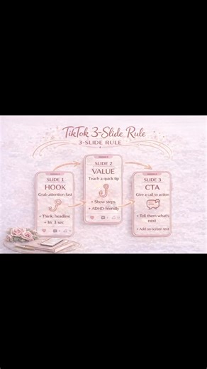 DESCRIPTION The TikTok 3 Slide Rule helps beginners create high-retention content: hook, value, CTA. Short, simple, and easy to follow — ideal for fast growth and clean storytelling. Follow for easy TikTok content tips.