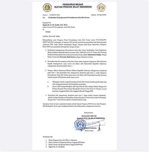Ini Kewajiban IPSI Daerah, Tidak Patuhi SK Ditandatangani Pak Prabowo, Ini Konsekuensinya!!! - Persaudaraan Setia Hati Terate