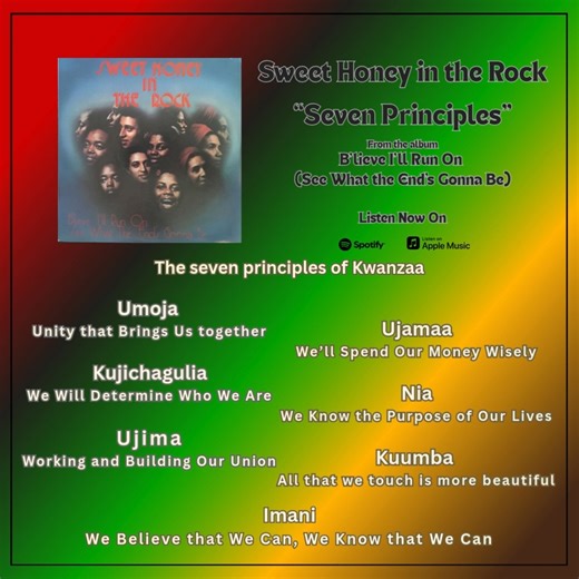 On today’s #FlashbackFriday, we look back at the 1978 debut of “Seven Principles” on Sweet Honey in the Rock’s album B'lieve I'll Run On (See What the End's Gonna Be). Written by our founding member Dr. Bernice Johnson Reagon, we sing about Kwanzaa. Every year between December 26 and January 1, we come together for this celebration of African-American culture and honor one principle each of the days. In Swahili we say “Heri za Kwanzaa” or Happy Kwanzaa! Wishing everyone a bright and meaningful K